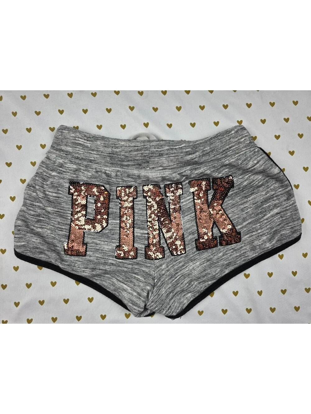 Victorias Secret PINK Grey GOLD BLING SEQUIN Sweat Shorts Dog SMALL